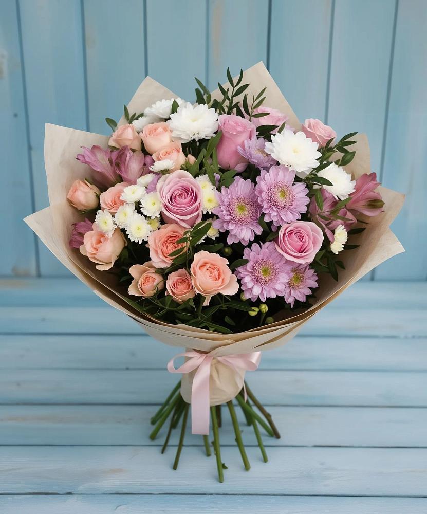 Букет цветов из: Хризантемы, Розы и Альстромерии в Дубенцовской