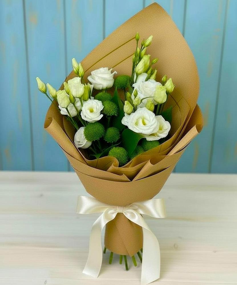 Букет цветов из: Хризантемы и Лизиантусы в Дубенцовской