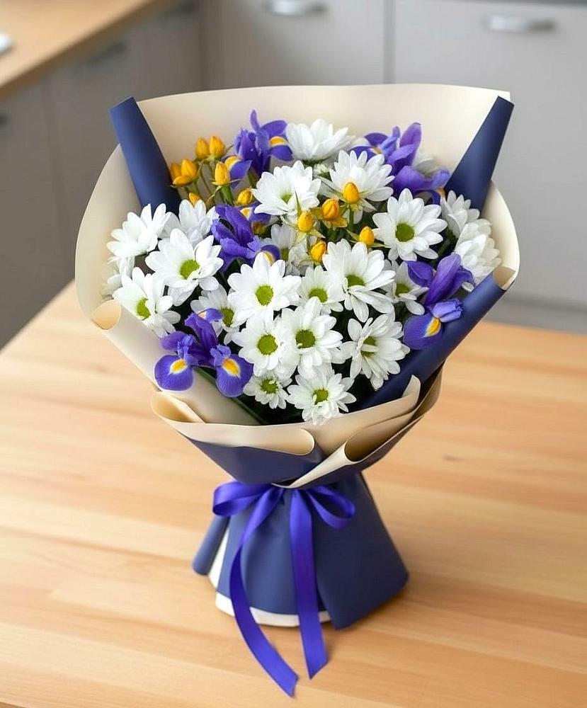 Букет цветов из: Розы, Ирисы и Хризантемы в Дубенцовской